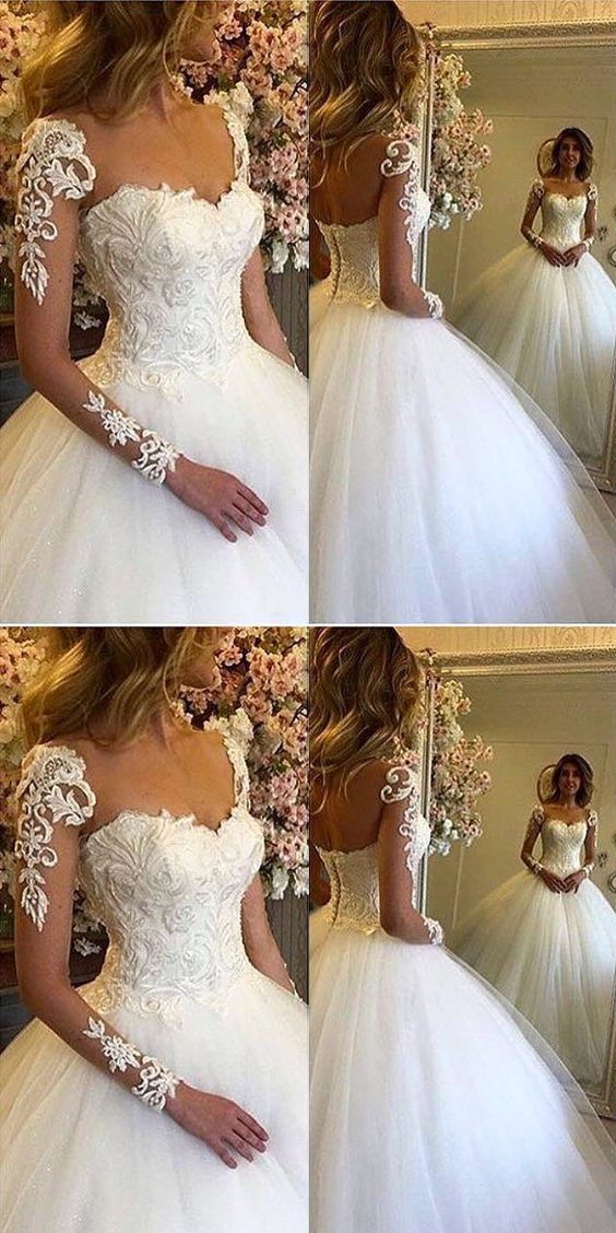 High Neck Wedding Dresses Beautiful Chic Ball Gown V Neck Long Sleeves Appliques Floor Length