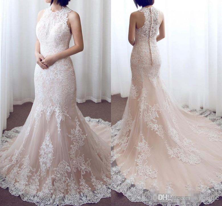 2018 pink lace mermaid wedding dresses sleeveless