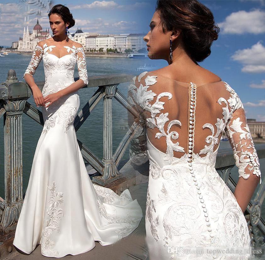 How Much Do Wedding Dresses Cost Luxury 2019 Mermaid Beach Wedding Dresses Vintage Lace Applique Sheer Jewel Neck with Half Sleeves Satin Sweep Train Bridal Gown with buttons Back