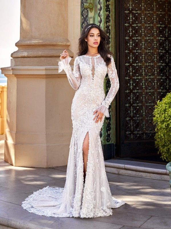 Illusion Bridal Gowns Unique Sleeved Mermaid Wedding Dress Val Stefani Gadot D8167