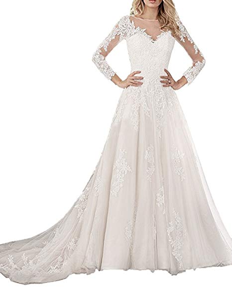 Illusion top Wedding Dress Beautiful Ruiyuhong Illusion Neck Lace Bridal Dress Long Sleeve Tulle Wedding Gown Rhs58