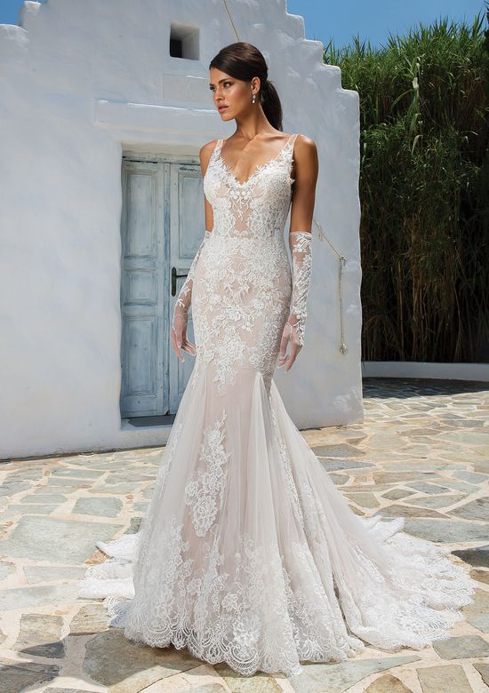 Illusion top Wedding Dress Inspirational Style 8961 Allover Lace Fit and Flare Gown with Illusion