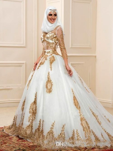 Indian Wedding Dresses Pictures Beautiful Discount 2018 Newest Muslim Wedding Dresses with Gold Applique 3 4 Long Sleeves Sheer Tulle Indian Arabic Bridal Gowns Mariage Cheap A Line Wedding
