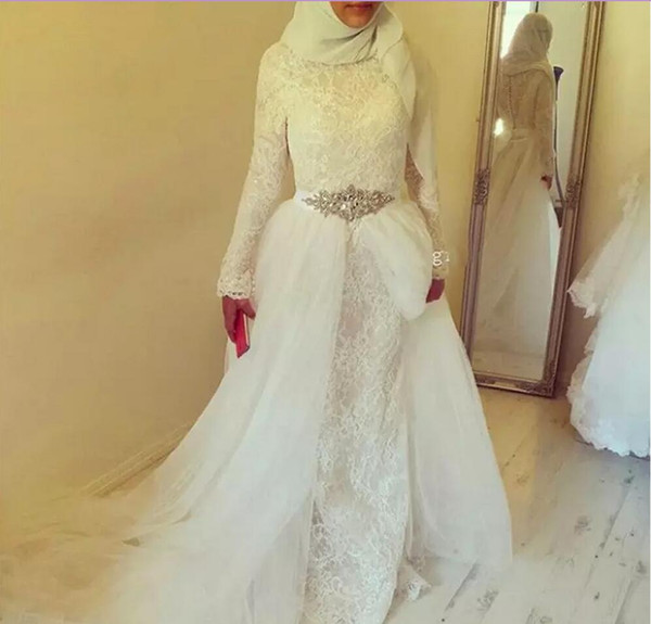 Islamic Wedding Dresses for Sale Inspirational Discount Vintage Lace White Muslim Wedding Dresses with Hijab 2018 Dubai Arabic High Neck Long Sleeves Crystal Sash Bridal Dress Gowns Sweep Train