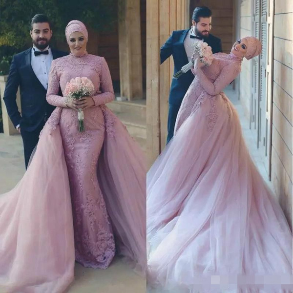 Islamic Wedding Dresses for Sale Unique 2018 Arabic Dresses Muslim Wedding Dress with Detachable Skirt Long Sleeves Pakistan Lace Applique Beaded Wedding Gowns Cheap Sheath Wedding Dresses