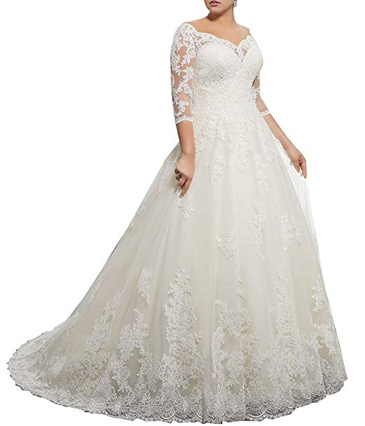 Ivory Beach Wedding Dresses Elegant Women S Plus Size Bridal Ball Gown Vintage Lace Wedding Dresses for Bride with 3 4 Sleeves