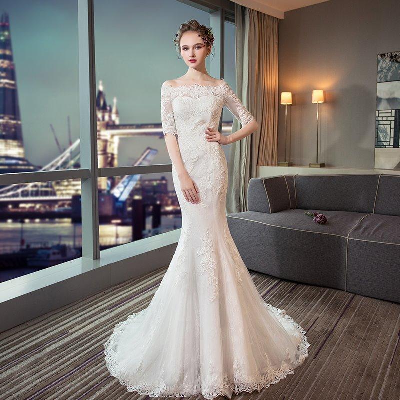 Ivory Colored Wedding Dress Inspirational Half Sleeves Mermaid Wedding Dresses with Lace Appliques 2019 High Quality Wedding Gowns Lace Up Bridal Dress Ball Gowns for Sale Ball Gowns Line