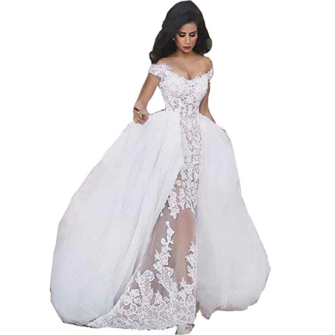 Ivory Mermaid Wedding Dresses Beautiful Dingdingmail Y F Shoulder Lace Mermaid Wedding Dresses with Detachable Skirt Tulle Bridal Gowns