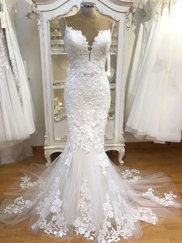 Spaghetti Strap Lace Mermaid Tulle Applique Ivory Wedding Dresses 1024x1024