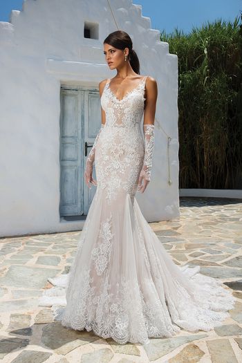 Ivory Wedding Dresses Elegant Style 8961 Allover Lace Fit and Flare Gown with Illusion