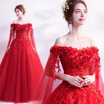 Japanese Wedding Dresses Fresh Red Word Shoulder Bride Shawl Long Sleeves Wedding Dress