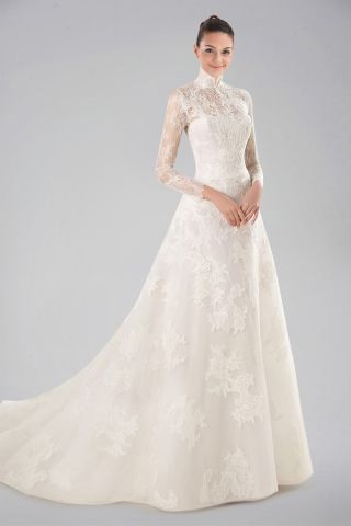 stunning high collar wedding dress with lace overlay and long wedding dress sleeves