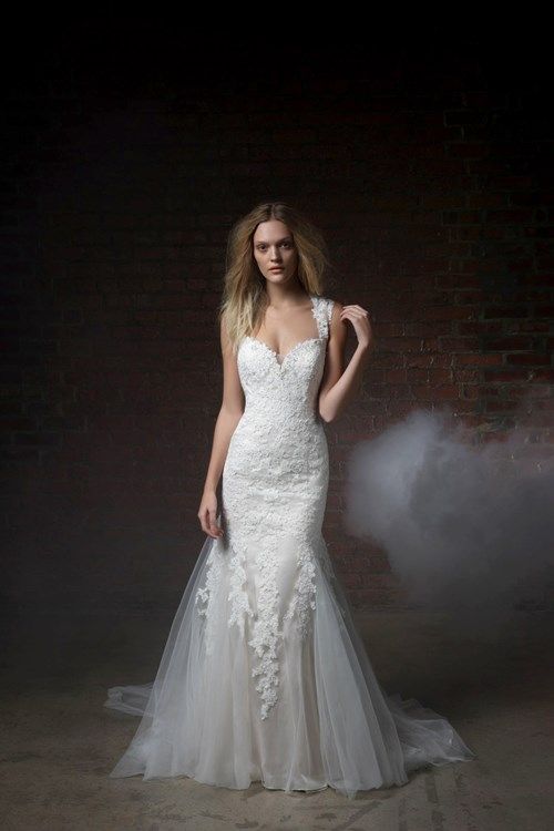 Kleinfeldbridal Awesome Henry Roth V Neck Fit and Flare In Alencon Lace and Tulle