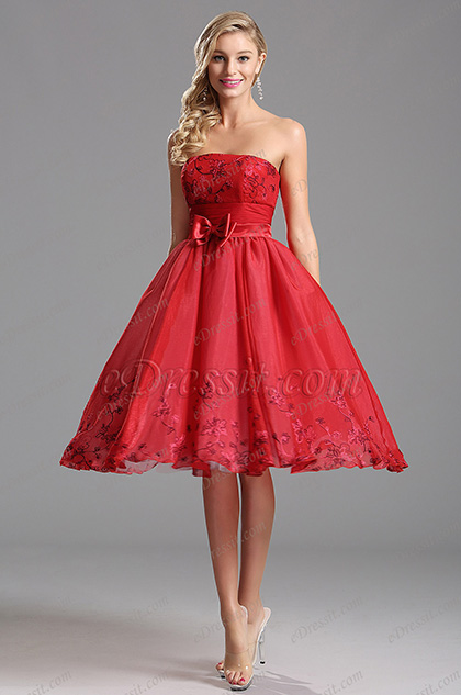 Knee Length Dresses for Wedding Guests Inspirational Strapless Tea Length Red Cocktail Dress Party Dress