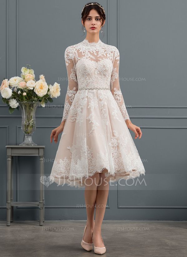 Knee Length Lace Wedding Dresses Lovely A Line Illusion Knee Length Lace Wedding Dress