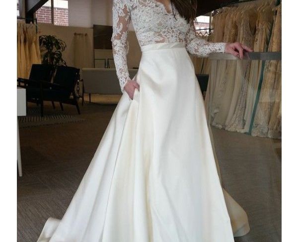 Lace and Satin Wedding Dresses Awesome A Line V Neck Long Sleeves Satin Wedding Dresses with Lace