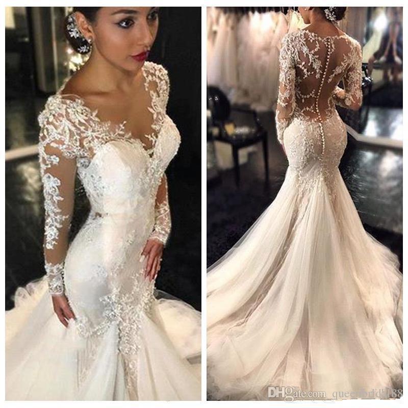Lace Applique Wedding Dresses New Chic Lace Applique Long Sleeves Wedding Gowns 2019 Y buttons Back Wedding Dresses Mermaid Tulle Bridal Dress China