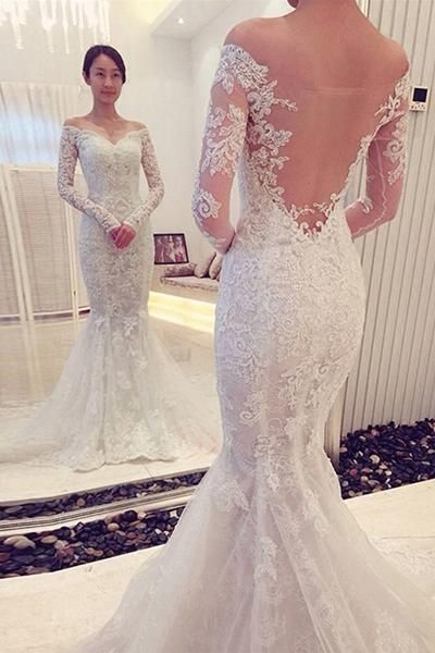 Lace Back Wedding Dresses Fresh Charming F the Shoulder Long Sleeves Lace Mermaid Wedding