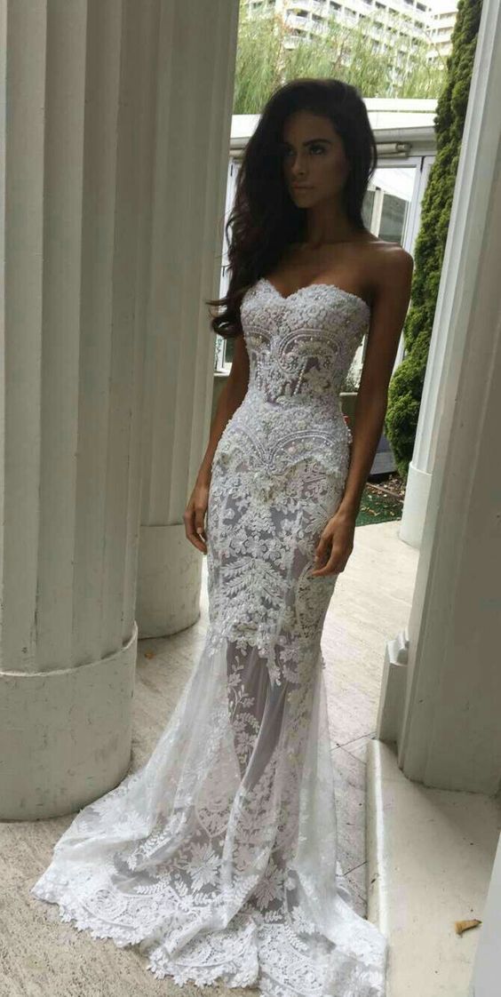 Lace Back Wedding Dresses Luxury White Lace Appliques Wedding Dress Mermaid Style Wedding