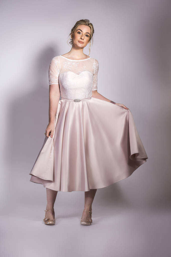 original 1950s tea length bridal satin and lace dress