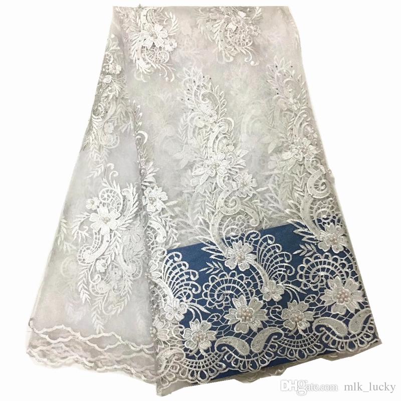 Lace Fabrics for Wedding Dresses Beautiful White Lace Fabric for Wedding Dress African Tulle Fabric with Stones High Quality French Beaded Lace with Stones 5yard