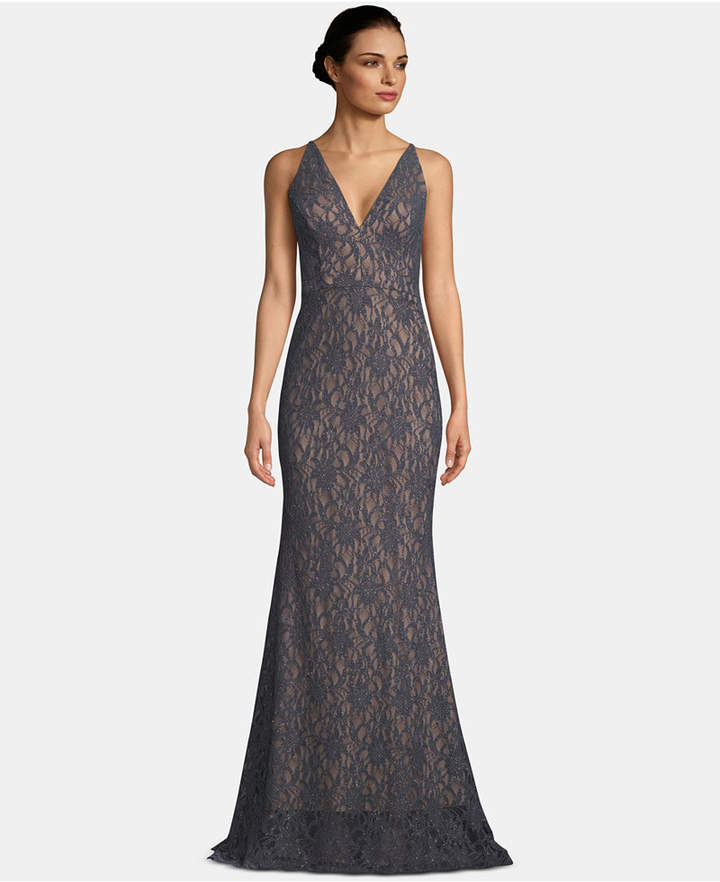 Betsy & Adam V Neck Glitter Lace Gown