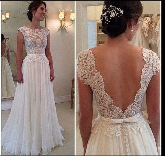 Deep V Cut Lace Chiffon Wedding Dress by BailynnBouNique