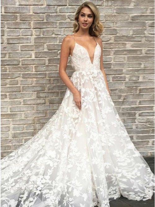 Lace Wedding Dress Cheap New A Line Spahetti Straps Lace Wedding Dress with Pockets In