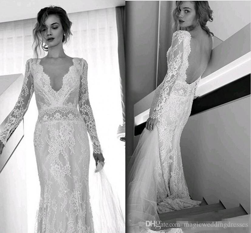 Lace Wedding Dresses Long Sleeves Awesome Lihi Hod Bohemian Beach Wedding Dresses Full Lace Long Sleeves Y V Neck Sweep Train Bridal Gowns Custom Made Open Back 2017 Hot Sale