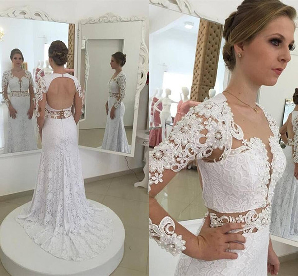Lace Wedding Dresses with Sleeves and Open Back Fresh Elegant Mermaid White Full Lace Wedding Dresses 2016 Y Open Back Sheer Long Sleeves Lace Beaded Bridal Gowns Custom Made 2017 New Wedding Dresses