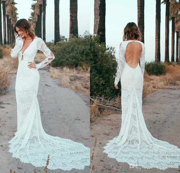 Lace Wedding Dresses with Sleeves and Open Back New Discount New Romantic Bohemian Wedding Dresses 2019 Y Deep V Neck Open Back Long Sleeves Full Lace Wedding Dress Summer Beach Bridal Gowns Wedding