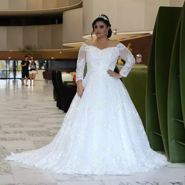 Large Size Wedding Dresses Awesome Discount Sparkly Long Sleeves Lace Plus Size Wedding Dresses 2019 with Beaed Appliques F Shoulder Sweep Train Tulled A Line Wedding Bridal Gowns