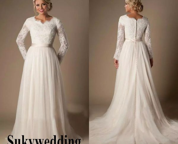 Latter Day Saint Wedding Dresses Awesome Discount Modest Lace Tulle Temple Wedding Dresses with Long Sleeves V Neck Sheer Sleeves Train buttons Back Plus Size Arabic Country Bridal Gown A