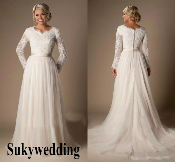 Latter Day Saint Wedding Dresses Awesome Discount Modest Lace Tulle Temple Wedding Dresses with Long Sleeves V Neck Sheer Sleeves Train buttons Back Plus Size Arabic Country Bridal Gown A