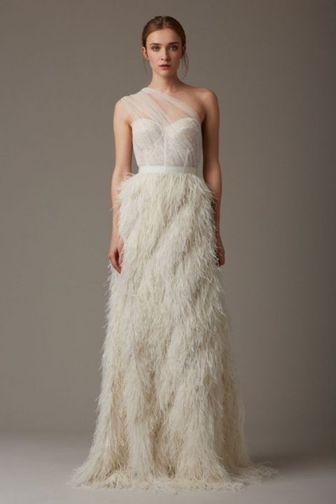 strapless wedding dress with an ostrich feather skirt and a tulle bodice cover 480x720