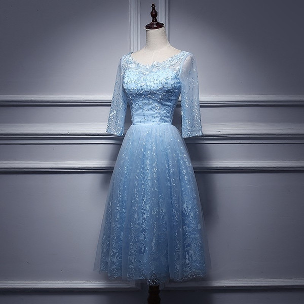 Light Blue Dresses for Wedding Fresh Real Elegant Light Blue Full Lace Long Sleeve Tea Length Ball Gown Backless Lace Up Bridemaid Dresses Short Party Dress Epiece All Dresses