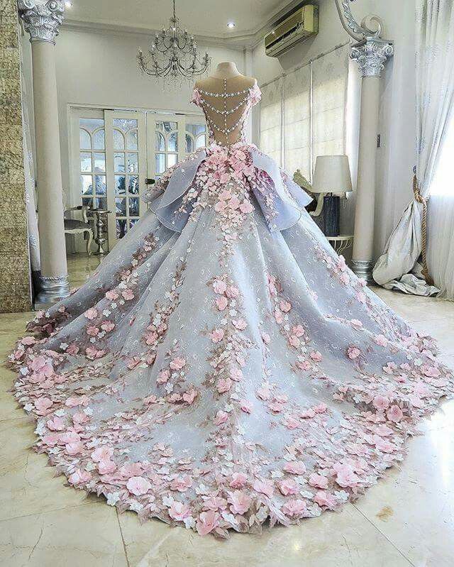 Light Gray Wedding Dress Luxury Wedding Dress with Lace Flowers Pink Vintage Unique Elegant