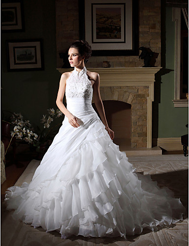 Lightinthebox Wedding Dresses Reviews Elegant Ball Gown Halter Neck Chapel Train organza Beaded Lace