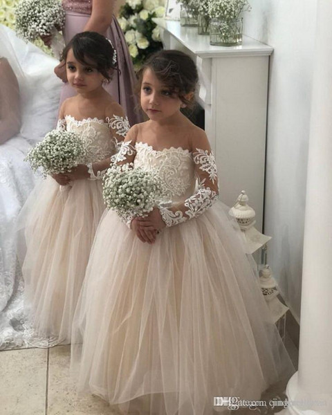 Little Girl Wedding Dresses New 2019 Flower Girls Dresses for Weddings Sheer Neck Long Sleeves Applique Lace Tulle Children Wedding Dresses Girls Pageant Dress Long Flower Girl