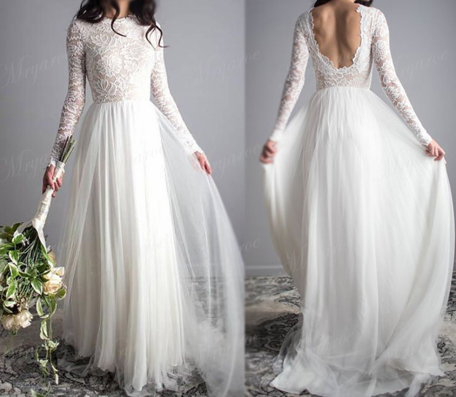 Long Sleeve Chiffon Wedding Dresses New Sretchy Lace Sleeves Elegant Wedding Dress Open Back Chiffon