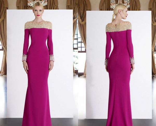 Long Sleeve Dresses for Wedding Guest Luxury Fuchsia Long Sleeve Mother the Bride Dresses 2019 Beads Mermaid Wedding Guest Dress Pearls Satin Cheap evening Gowns Green Mother the Bride