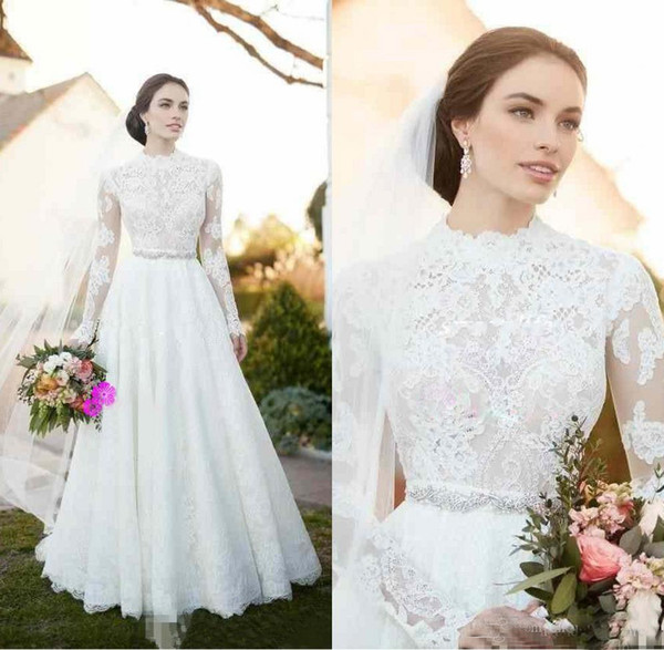 Long Sleeve Illusion Wedding Dress Beautiful 2018 Vintage Lace Country Wedding Dresses with Illusion Long Sleeve High Neck Beaded Sash Modest Plus Size Simple Outdoor Bridal Gowns Cheap