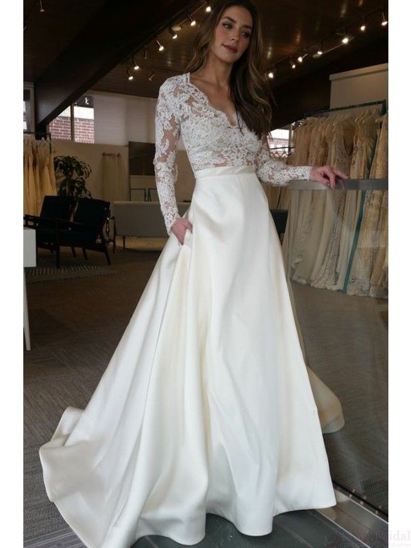 Long Sleeve Simple Wedding Dresses Luxury A Line V Neck Long Sleeves Satin Wedding Dresses with Lace
