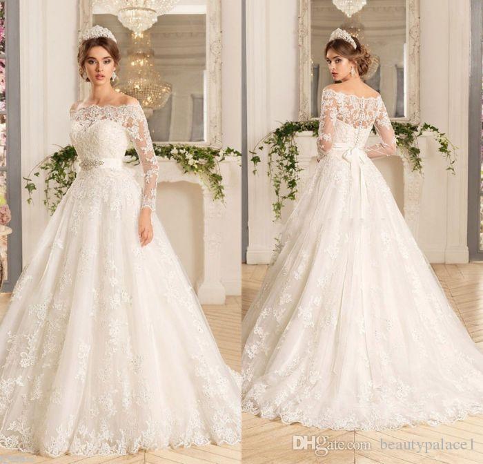Long Sleeve Wedding Dress for Sale Unique Low Price 2017 A Line Long Sleeve Wedding Dresses Chapel Train Ivory Tulle Appliques Beaded Belt Long Bridal Wedding Gowns