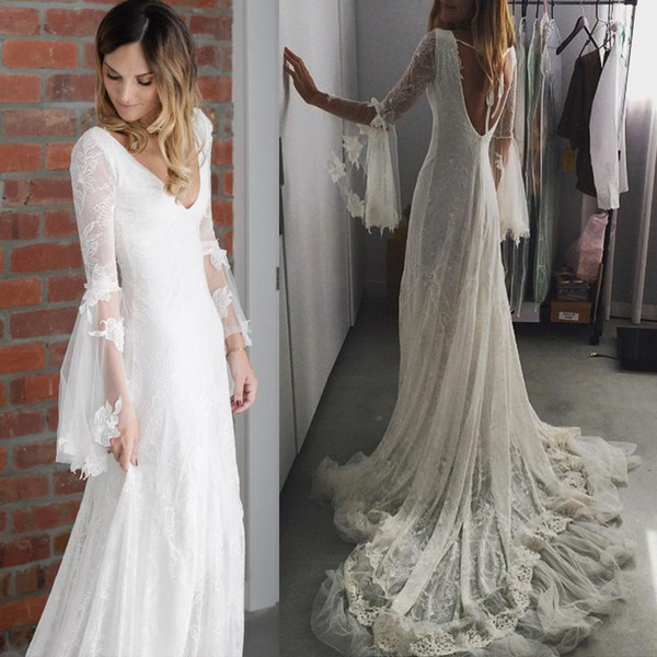 Long Sleeve Wedding Dresses for Sale Luxury Discount Bohemia Lace Wedding Dresses Deep V Neck Long Sleeve Backless Bridal Gowns Chapel Train New Beach Mermaid Wedding Gowns Wedding Dresses and