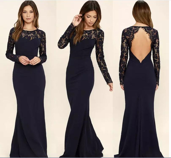 Long Sleeved Dresses for Wedding Guest Unique Newest Dark Navy Mermaid Bridesmaid Dresses 2018 Sheer Long Sleeves Lace Y Keyhole Backless Long evening Wedding Guest Gowns Bridesmaid Dress with