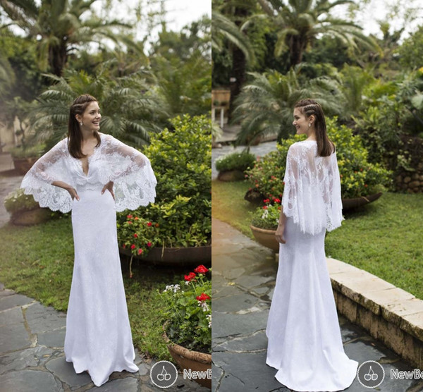 2016 bohemian white mermaid wedding dresses with cape long sleeves v in conjunction with fancy wedding dress