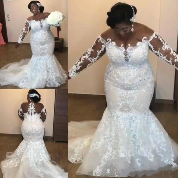 Long Sleeved Wedding Dresses Plus Size New Sheer Long Sleeves Lace Mermaid Plus Size Wedding Dresses 2019 Mesh top Applique Beaded Court Train Wedding Bridal Gowns Bc1450 Inexpensive Mermaid