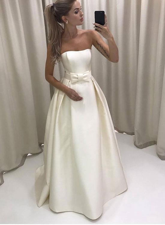 Luulla Wedding Dresses Luxury White Strapless A Line Wedding Dress Bowknot Satin Long Pleated evening Dress