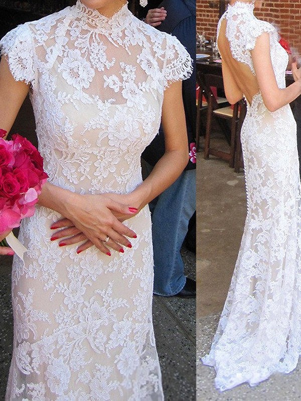Luulla Wedding Dresses New Mandarin Collared Lace Sheath Wedding Dress with Open Back